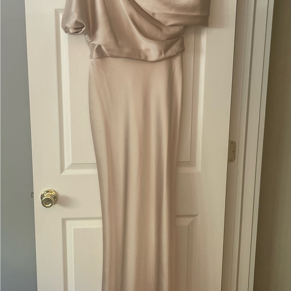 Amsale One-Shoulder Satin Gown in Champagne Beige